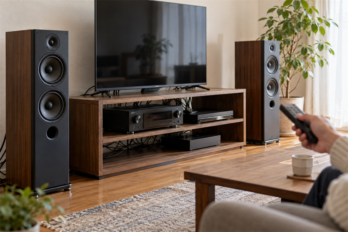 テレビとスピーカーを接続してAVアンプの動作を確認する環境