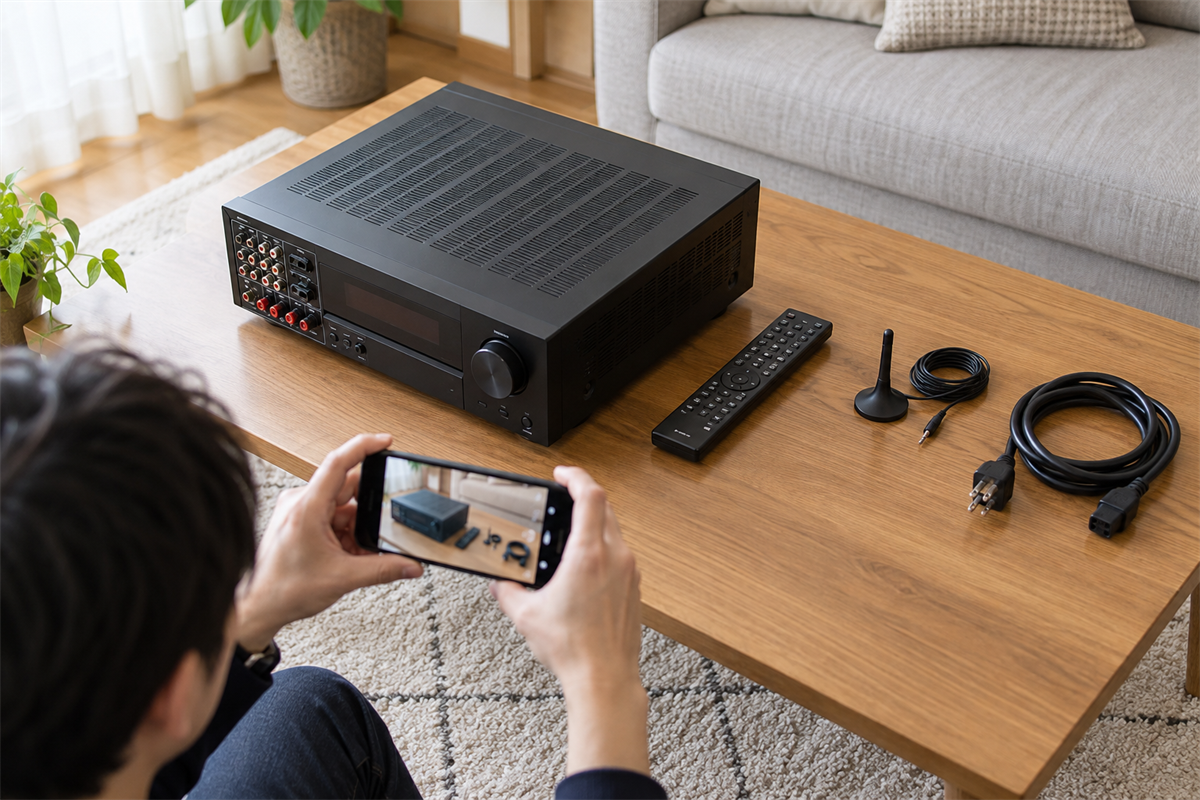 AVアンプ本体とリモコン、測定マイクを分けて撮影する準備