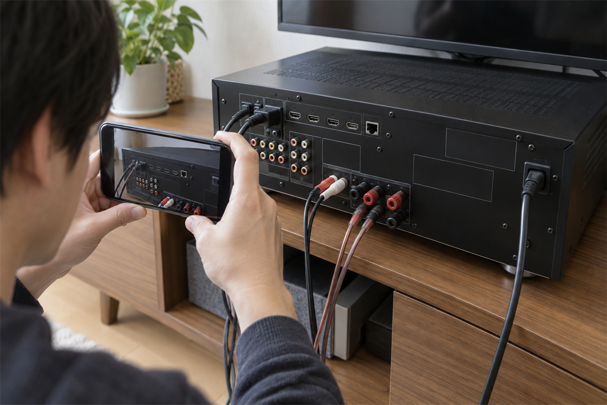 配線を外す前にAVアンプ本体の型番表示を撮影する様子