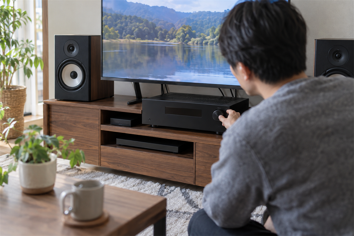 既存の接続でAVアンプの音声出力とHDMI接続を確認する様子