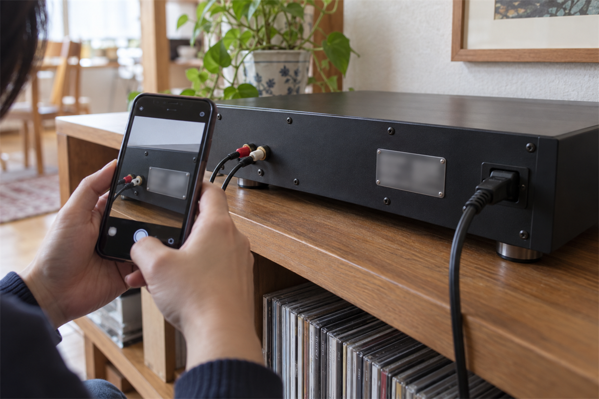 CDプレーヤー背面のメーカー名と型番を確認する様子