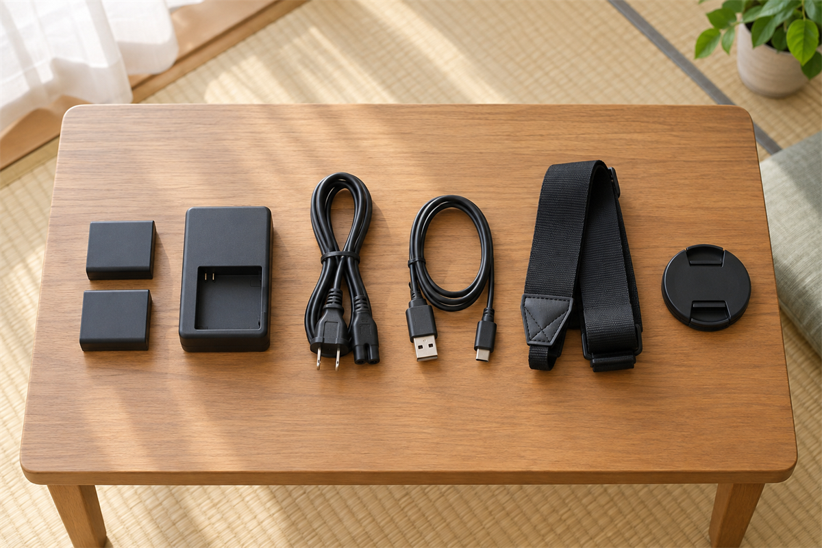 バッテリーや充電器、ストラップなどを分けた付属品