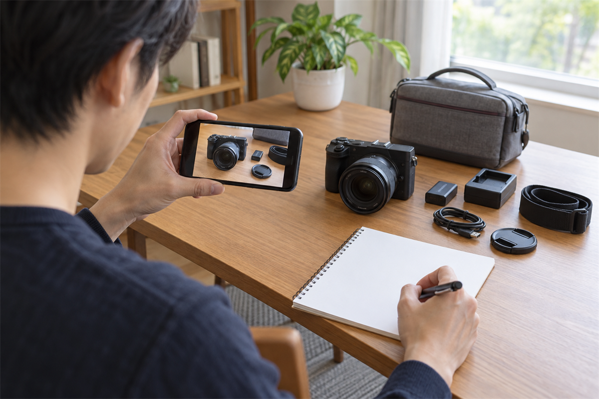 デジタルカメラの状態写真と相談用メモを準備する様子
