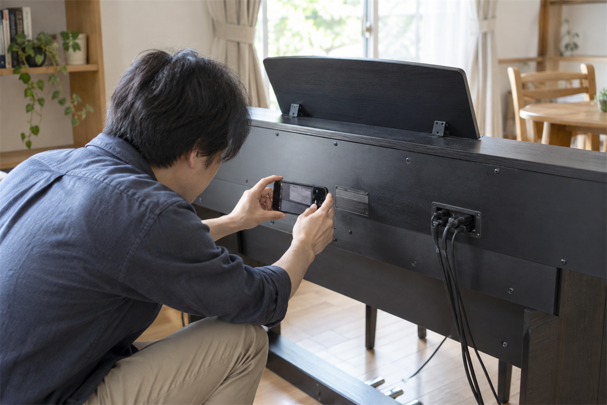 電子ピアノ背面の型番表示がある箇所を確認する様子