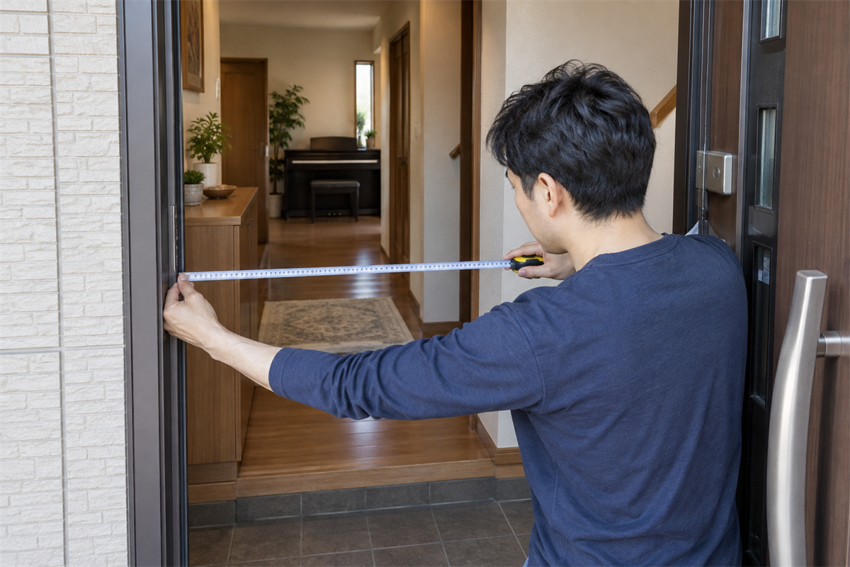 電子ピアノの搬出経路となる玄関の開口幅を測る様子