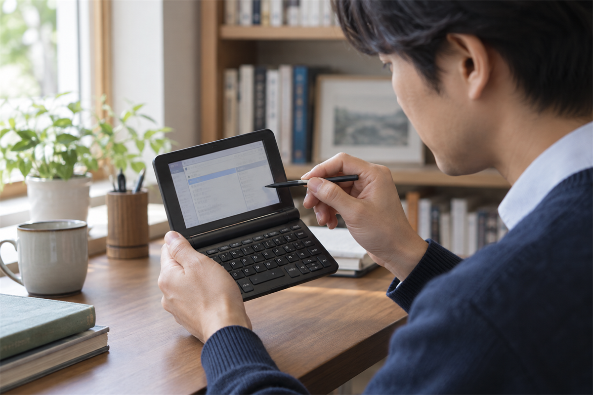 電子辞書の液晶、キー、タッチペンの反応を確かめる様子