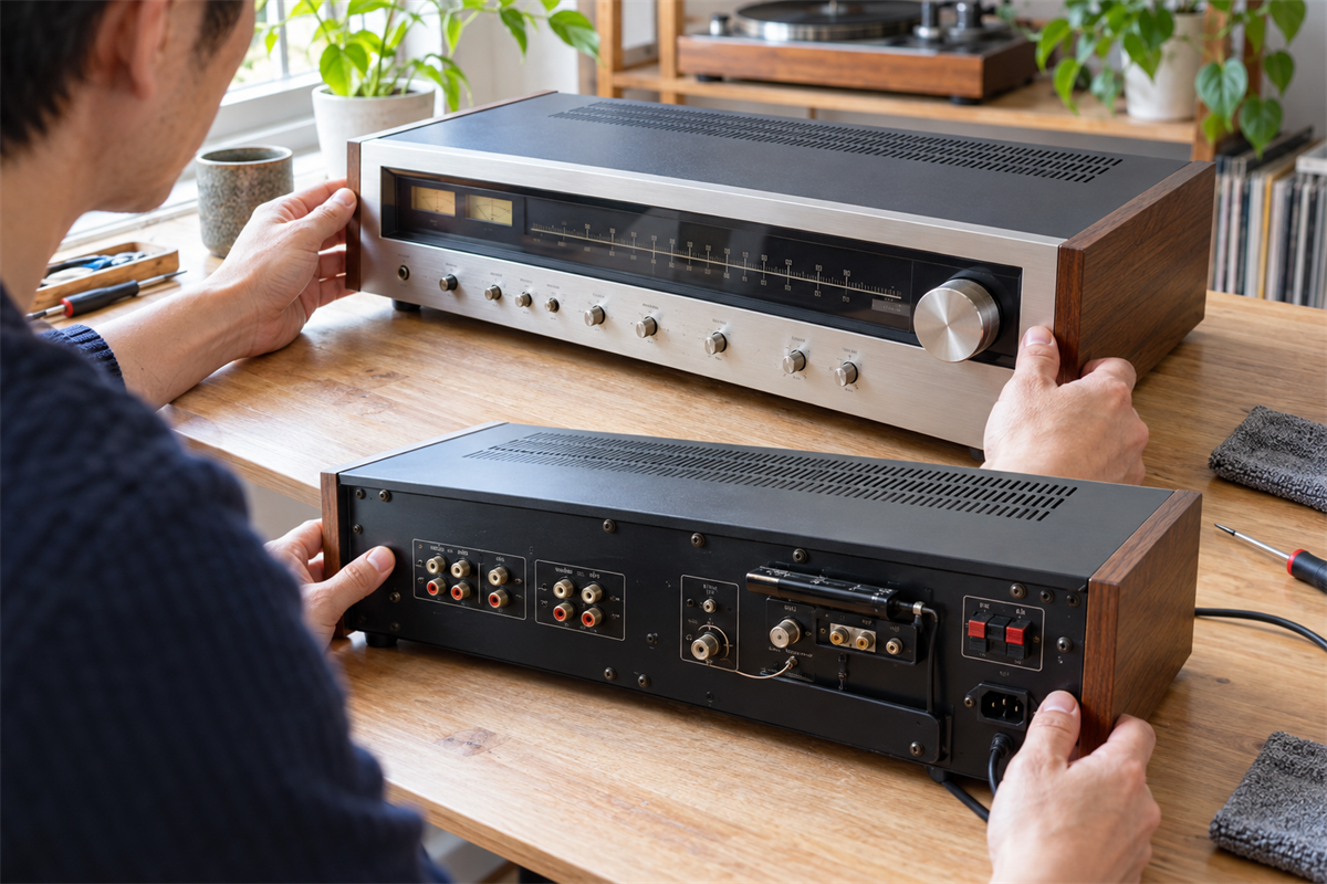 FM・AMチューナーの前面、背面、型番表示を作業机で確認する様子