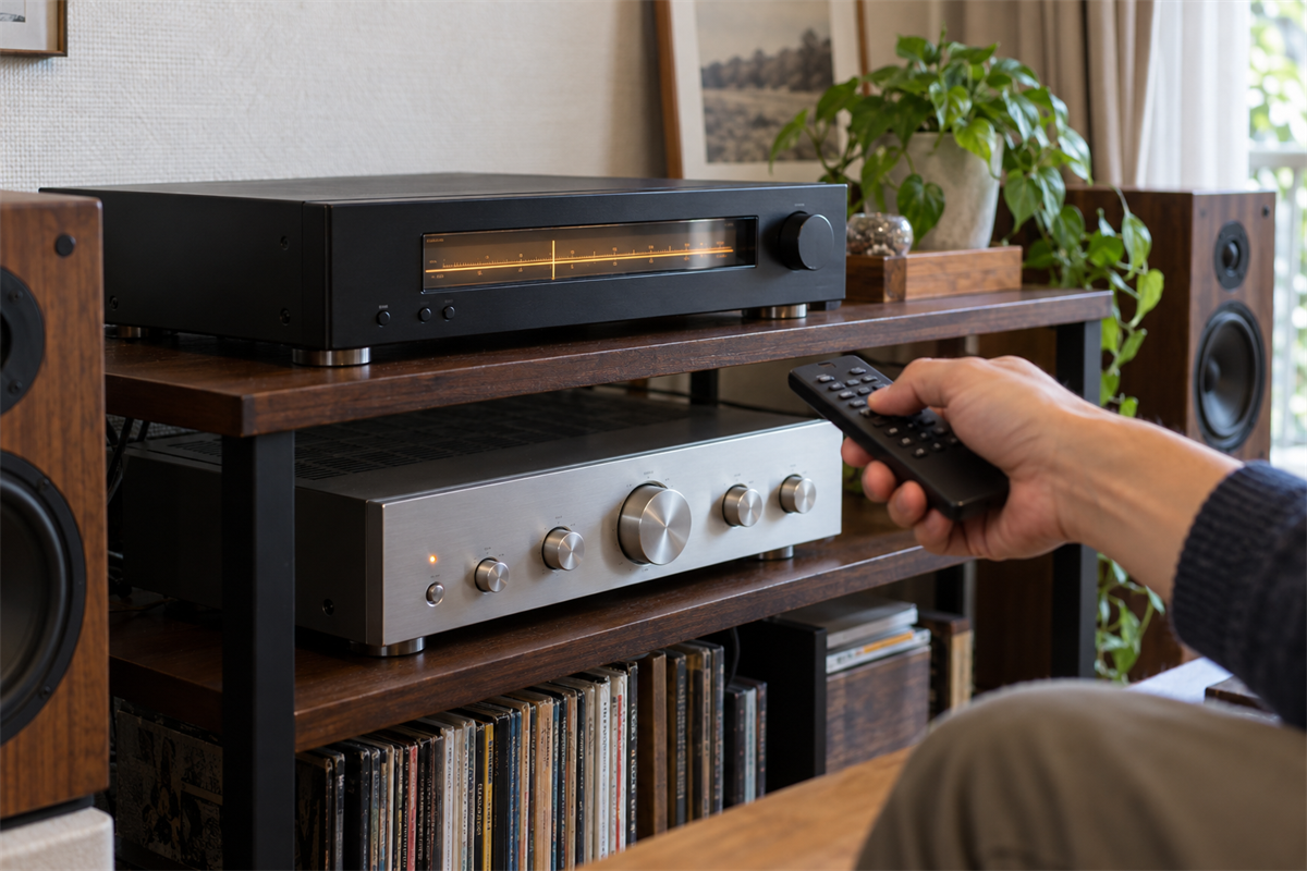リモコン操作とアンプへの音声出力を確認しているFM・AMチューナー
