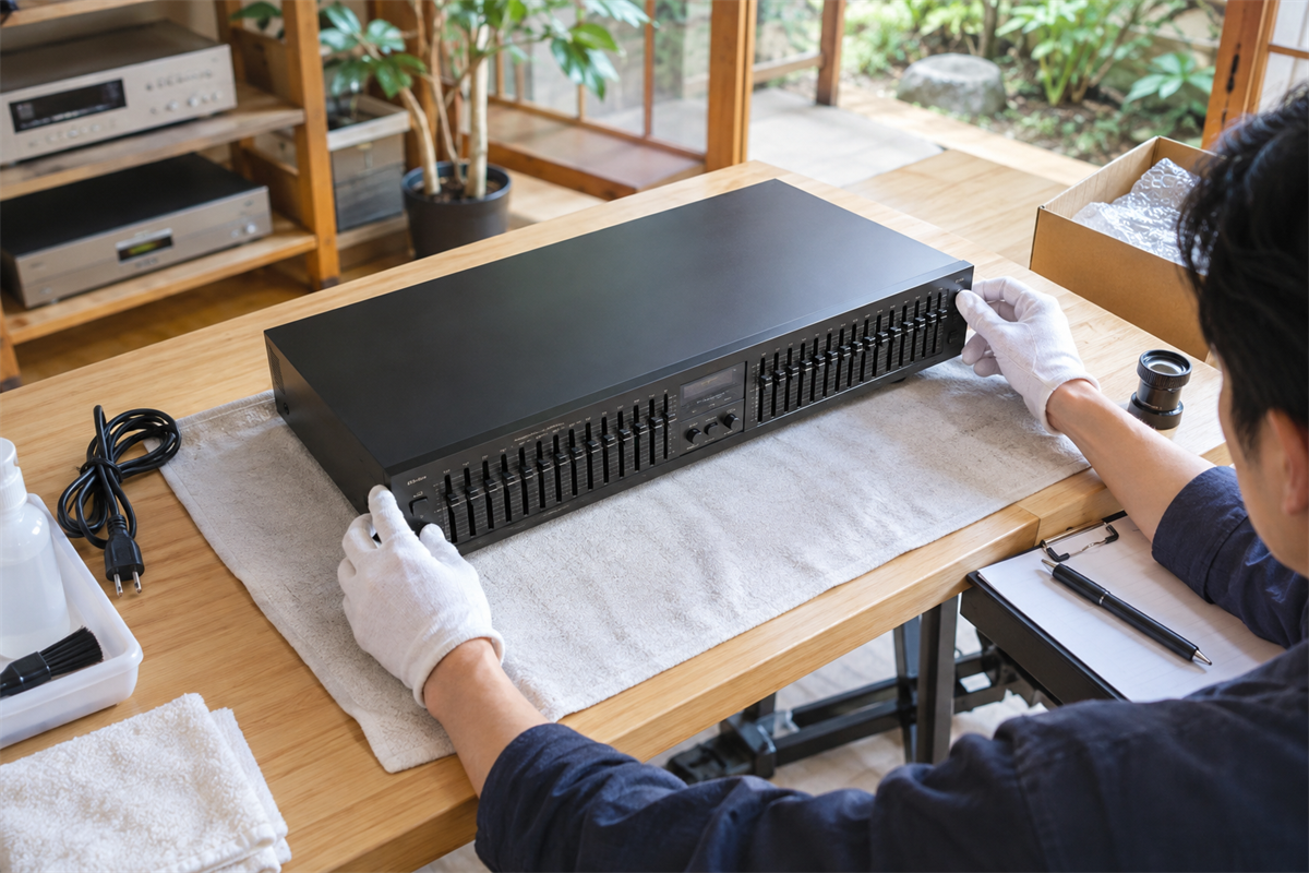 グラフィックイコライザーの前面全景と型番表示を確認する様子