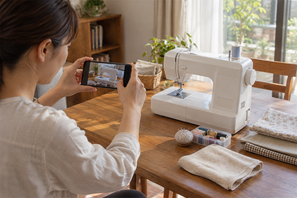 家庭用ミシンと付属品をスマートフォンで撮影する様子