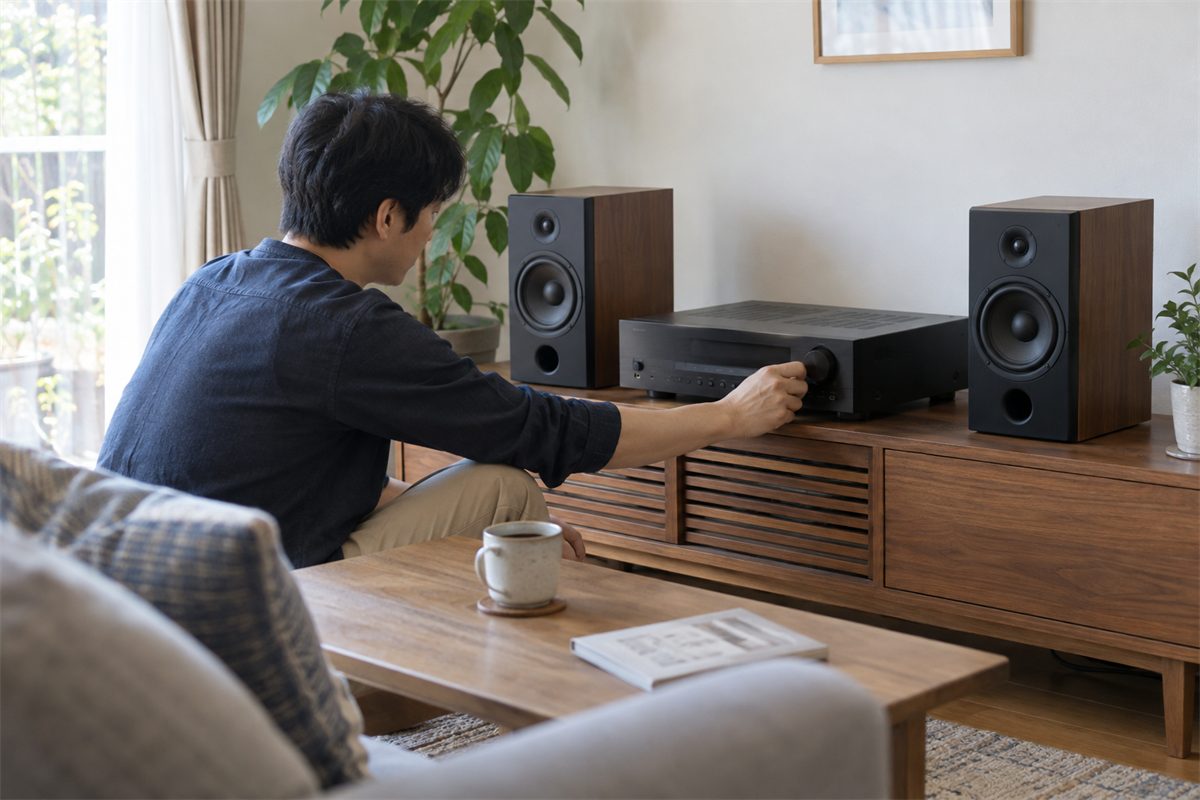 AVアンプへ接続したスピーカーを小音量で確認する様子