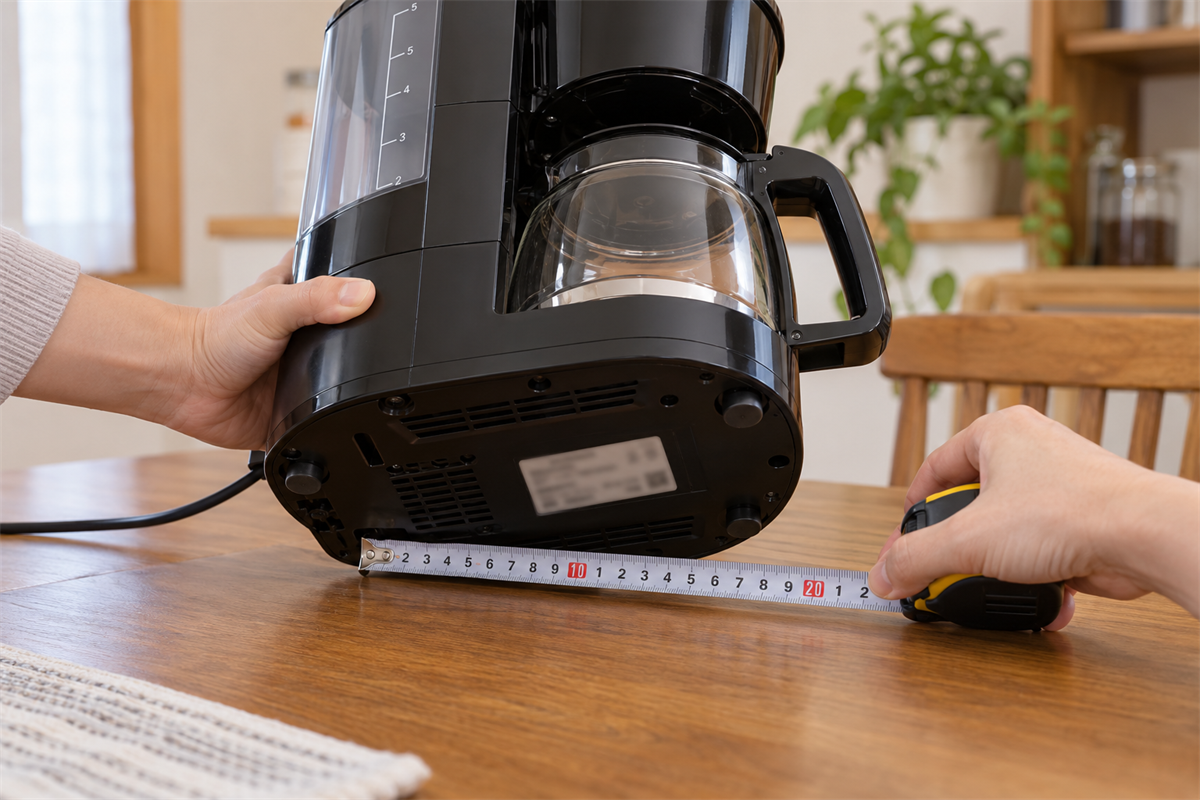 コーヒーメーカーの品番位置と本体寸法を確認する様子