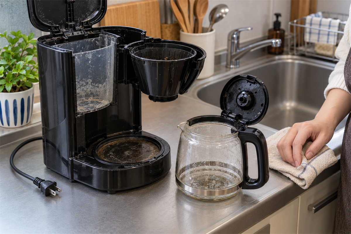 コーヒーメーカーの給水部やサーバーに付いた水垢を確認する様子