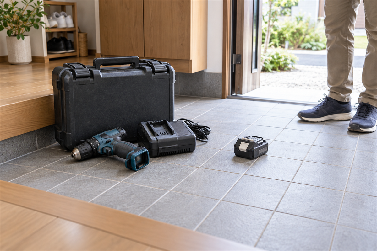 再利用相談する工具一式と別に確認する充電池を分けた様子