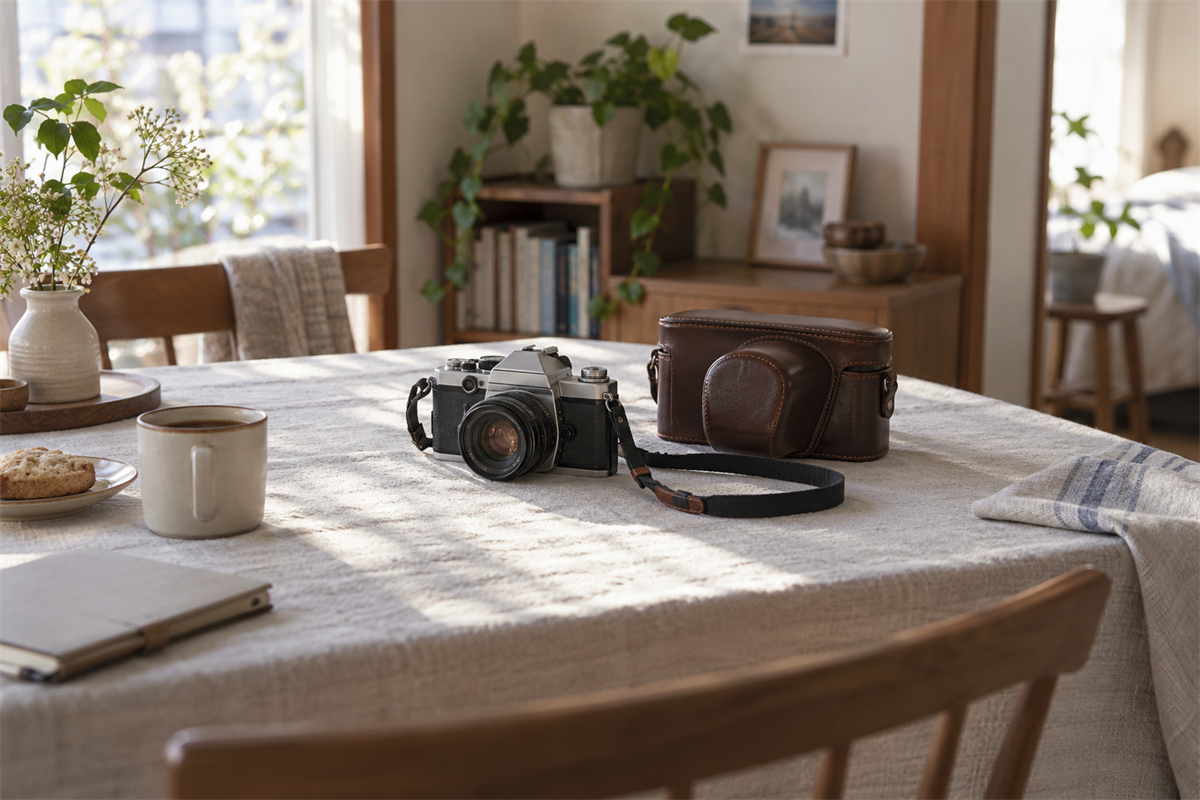 フィルムカメラと付属品を動かす前に机上で見渡している様子