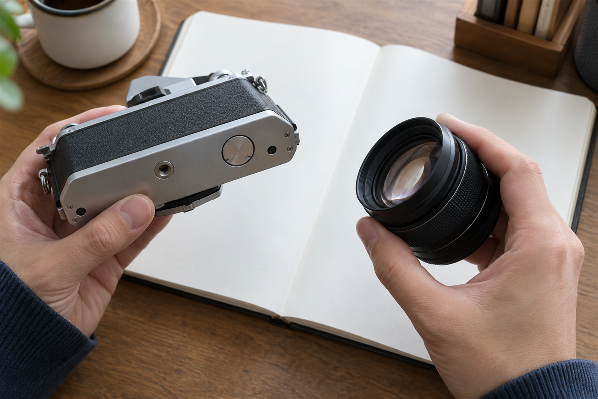 フィルムカメラの底面とレンズの表記を確認している様子