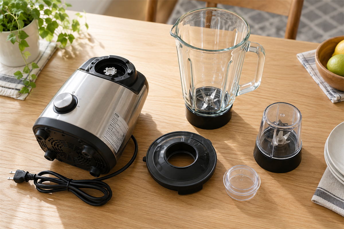 ミキサーの型番と容器、ふた、コード、付属品の確認