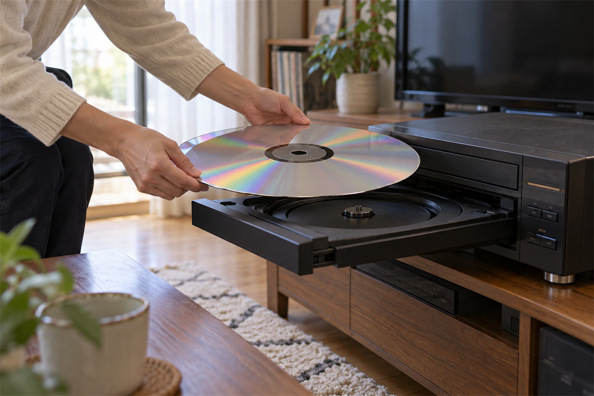 レーザーディスクを開いたプレーヤーのトレイへ置く様子