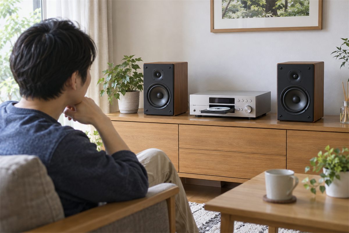 CDを再生してミニコンポの左右スピーカーからの音を確認する様子