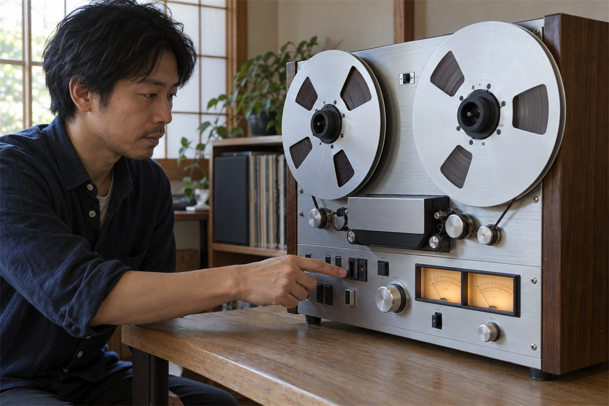 オープンリールデッキの走行と操作部を確認する様子