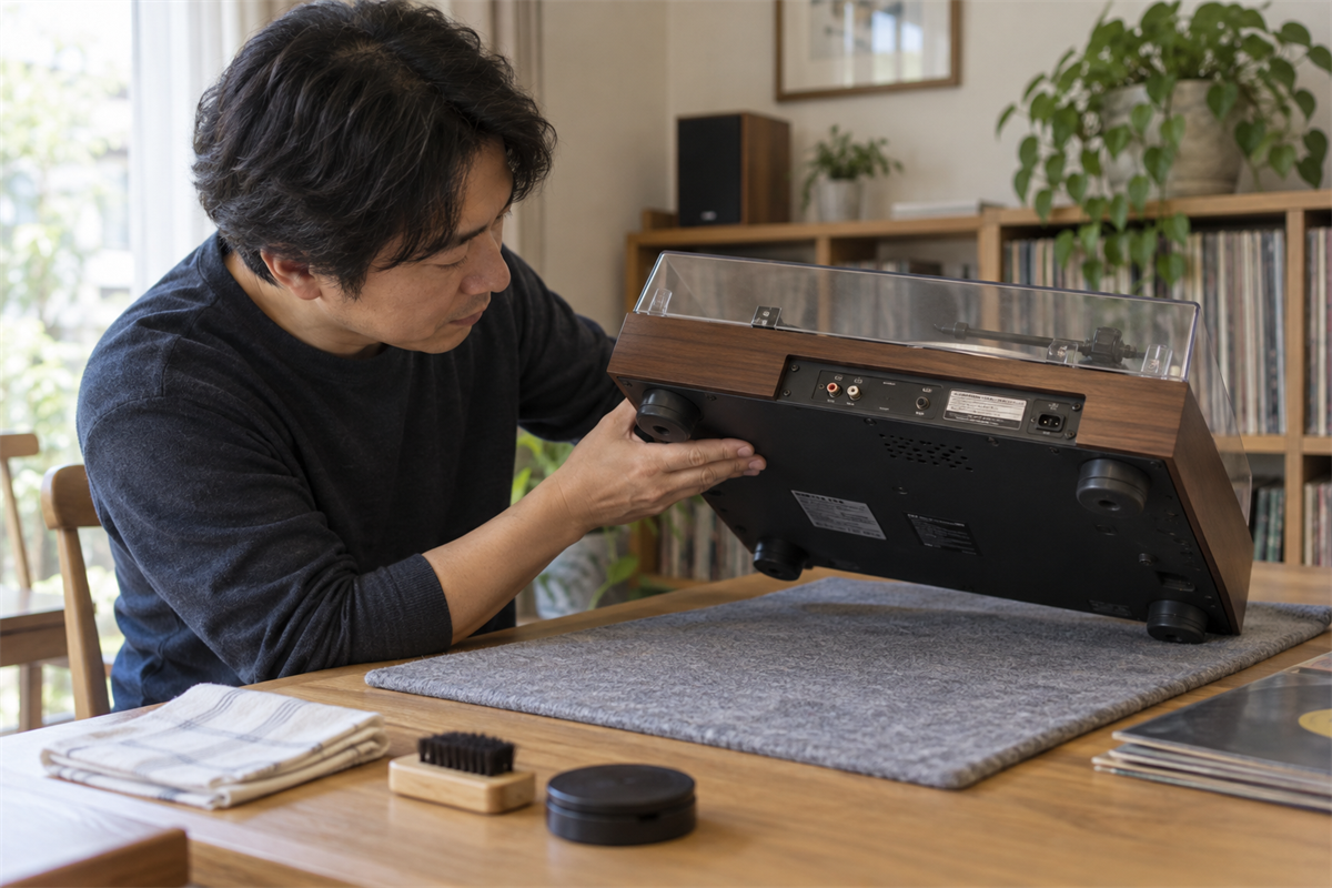 レコードプレーヤー背面と底面の型番表示を確認する様子