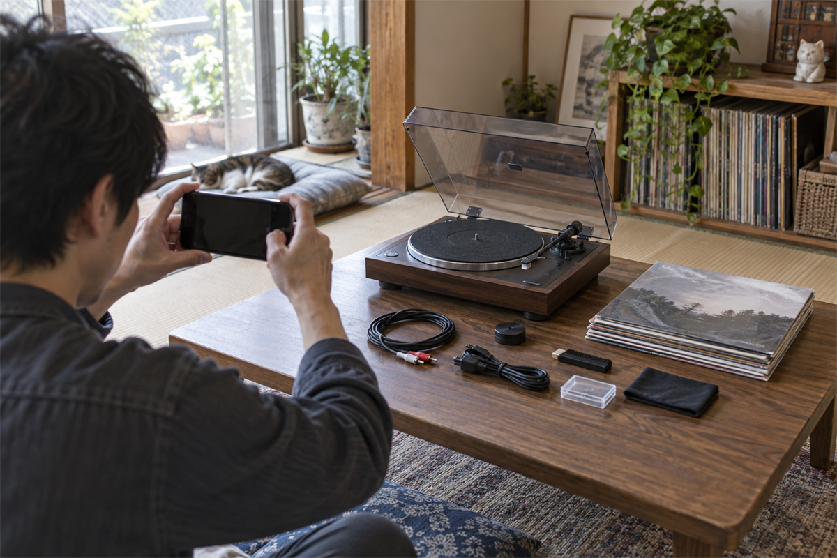 レコードプレーヤーと付属品を並べて撮影する様子